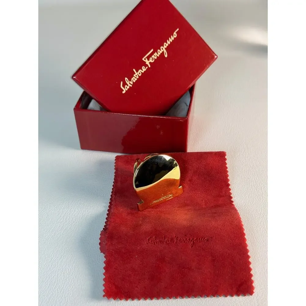 Authentic Salvatore Ferragamo Vara Logo Scarf Ring Gold Plated W/ Box Italy